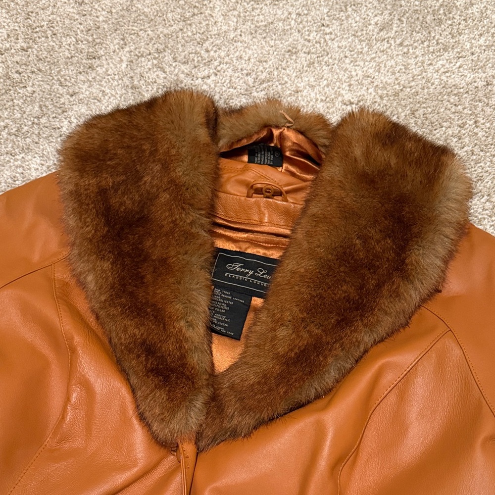 Vintage Brown Genuine Leather Coat with Faux Fur Collar Terry Lewis Y2K - Picture 3 of 8